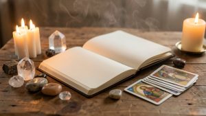 Autel spirituel apaisant avec bougies allumées, carnet ouvert, cristaux et cartes sur une table en bois, ambiance chaleureuse et mystique.