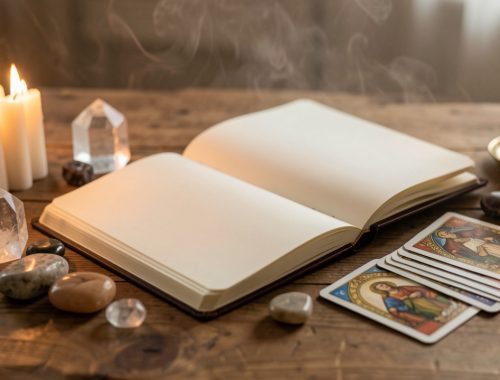 Autel spirituel apaisant avec bougies allumées, carnet ouvert, cristaux et cartes sur une table en bois, ambiance chaleureuse et mystique.