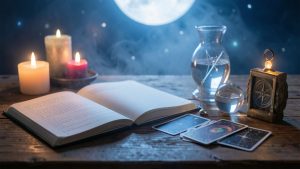 Table en bois avec un carnet ouvert, un pendule en cristal et des cartes disposées sous une lumière douce rappelant une ambiance astrale et mystique.
