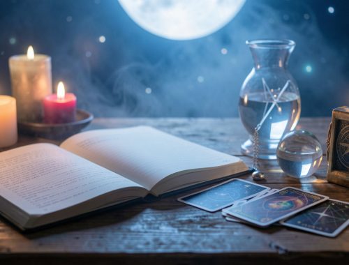 Table en bois avec un carnet ouvert, un pendule en cristal et des cartes disposées sous une lumière douce rappelant une ambiance astrale et mystique.