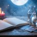 Table en bois avec un carnet ouvert, un pendule en cristal et des cartes disposées sous une lumière douce rappelant une ambiance astrale et mystique.