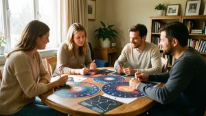 Atelier convivial d’astrologie pour débutants, avec quatre adultes étudiant des cartes célestes et des constellations autour d’une table.