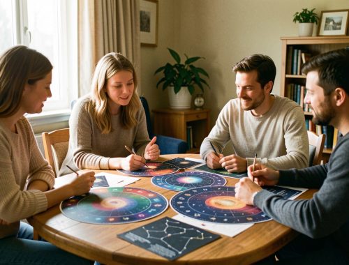 Atelier convivial d’astrologie pour débutants, avec quatre adultes étudiant des cartes célestes et des constellations autour d’une table.