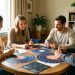 Atelier convivial d’astrologie pour débutants, avec quatre adultes étudiant des cartes célestes et des constellations autour d’une table.