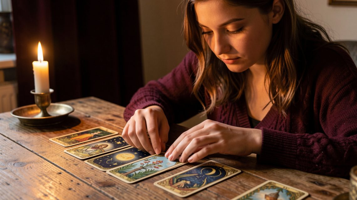 Une jeune femme découvre calmement un ancien jeu de tarot richement illustré sur une table en bois, dans une ambiance chaleureuse aux tons bordeaux et dorés.