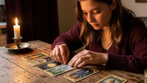 Une jeune femme découvre calmement un ancien jeu de tarot richement illustré sur une table en bois, dans une ambiance chaleureuse aux tons bordeaux et dorés.