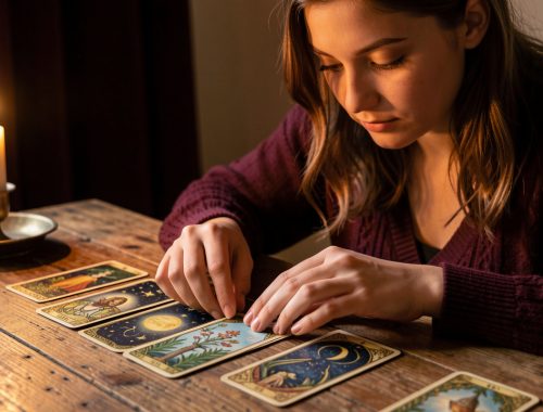Une jeune femme découvre calmement un ancien jeu de tarot richement illustré sur une table en bois, dans une ambiance chaleureuse aux tons bordeaux et dorés.