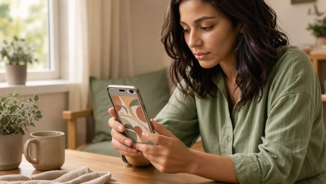 Une jeune femme examine attentivement une lecture de cartes de tarot sur son smartphone dans une ambiance calme et apaisante.