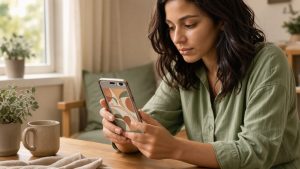 Une jeune femme examine attentivement une lecture de cartes de tarot sur son smartphone dans une ambiance calme et apaisante.