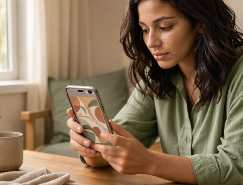 Une jeune femme examine attentivement une lecture de cartes de tarot sur son smartphone dans une ambiance calme et apaisante.