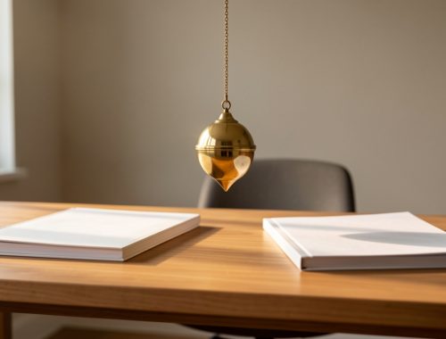 Pendule divinatoire en laiton oscillant entre deux dossiers professionnels vierges sur un bureau lumineux, symbolisant le choix entre deux missions freelance.