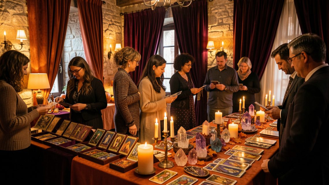 Ambiance chaleureuse d’un salon de voyance et de bien-être à Halloween, avec des visiteurs découvrant des cartes de tarot, des pierres et des bougies dans une salle de cabaret provençale.
