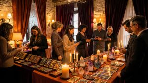 Ambiance chaleureuse d’un salon de voyance et de bien-être à Halloween, avec des visiteurs découvrant des cartes de tarot, des pierres et des bougies dans une salle de cabaret provençale.