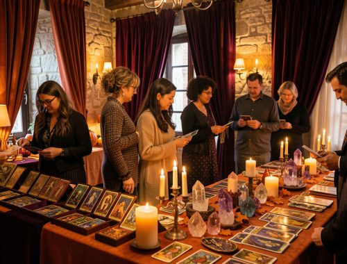 Ambiance chaleureuse d’un salon de voyance et de bien-être à Halloween, avec des visiteurs découvrant des cartes de tarot, des pierres et des bougies dans une salle de cabaret provençale.
